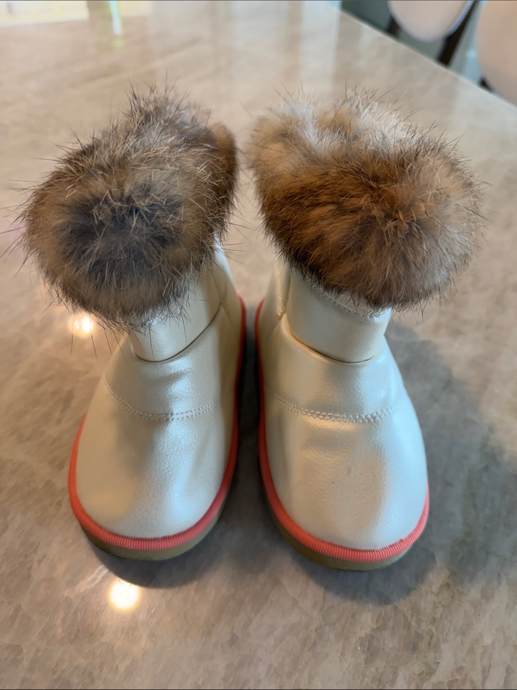 Moschino Faux Fur Trim Ivory Kids Boots With Coral Trim And Velcro Closure
